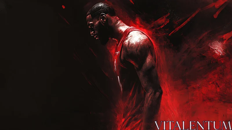 Side-profile basketball figure stands in red abstract space