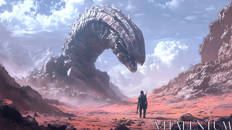 Colossal desert serpent confronting lone armored explorer.