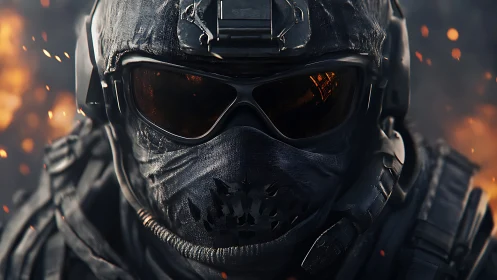 Armored tactical soldier stands amid blazing battlefield