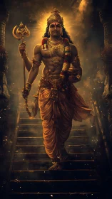 Divine warrior deity descending temple steps in light.