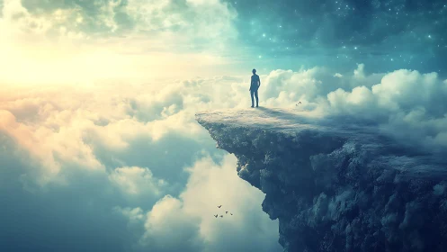 Solitary figure on cloud bridge between sky and stars.