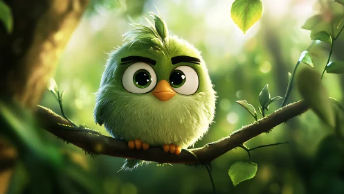 Adorable Fluffy Green Cartoon Bird on Forest Branch, Digital Art.