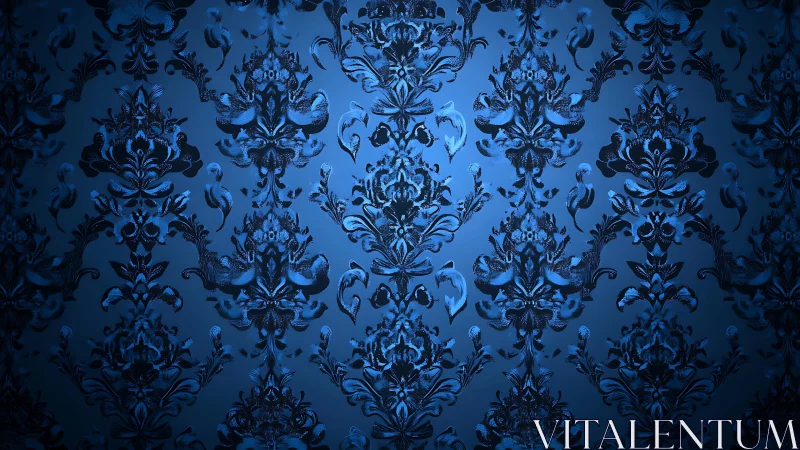 Midnight damask bloom swirling across moody blue walls.