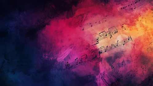 Vibrant abstract music notes over magenta and gold haze.