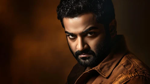 Male subject portrait in warm-toned studio lighting setup.
