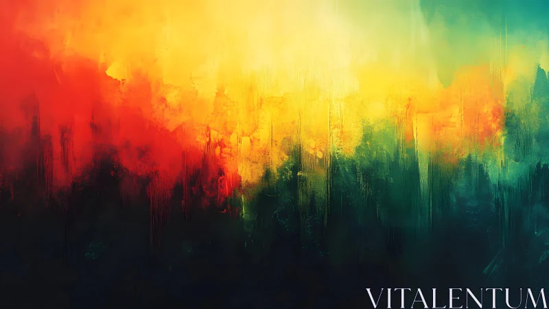 Vivid Abstract Landscape With Fiery Red, Yellow, and Deep Green Tones.