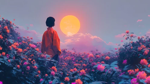 Sun-bloomed wanderer studies a neon dusk over wildflowers