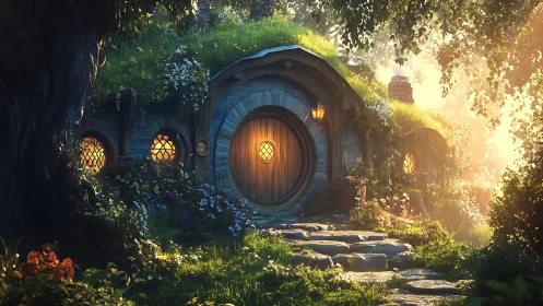 Sunlit hill-hollow cottage where moss and magic converse.