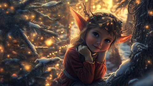 Winter forest elf child glows amid sparkling fairy lights.