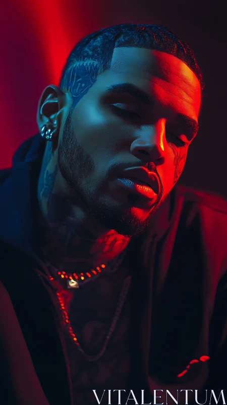 Moody portrait in neon red and blue cinematic lighting.