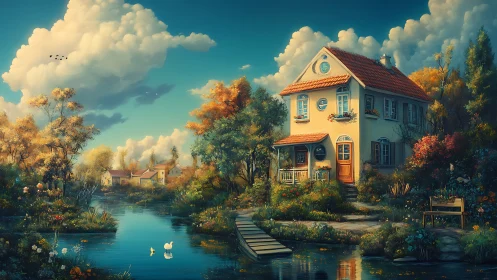 Sunny riverside cottage wrapped in dreamy garden calm.