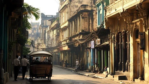 Morning rickshaw glides through sunlit colonial canyon street