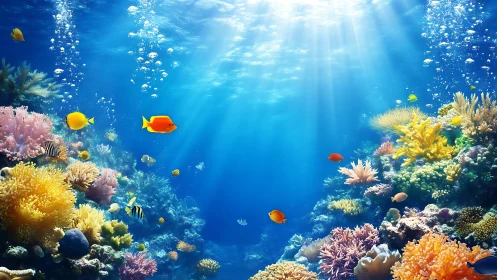 Sunlit coral reef teems with tropical fish in clear water.