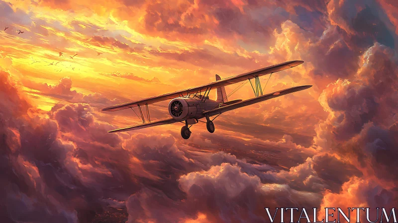 Vintage biplane cuts through blazing cinematic sunset clouds.