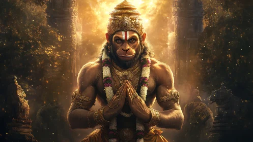 Radiant monkey warrior bows in golden temple light