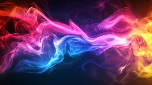 Chromatic smoke rivers weaving through electric twilight.