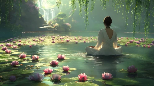 Woman meditates on lotus pond beneath tranquil waterfall light
