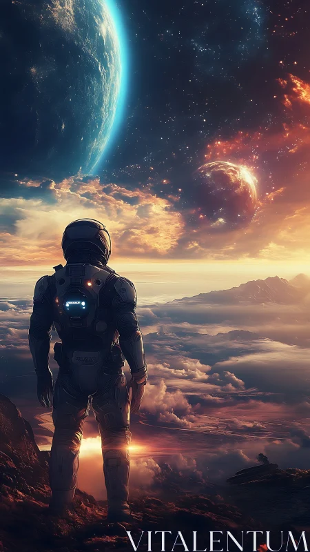 Lone astronaut surveying twin worlds at burning sunrise.