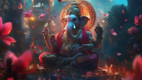 Radiant Ganesha in lotus-lit shrine with glowing halo aura.