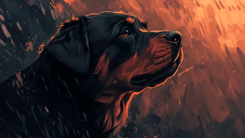 Emberlit guardian dog gazes into the storm of falling dusk.