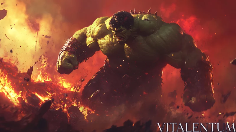 Green titan charges through molten battlefield under firestorm