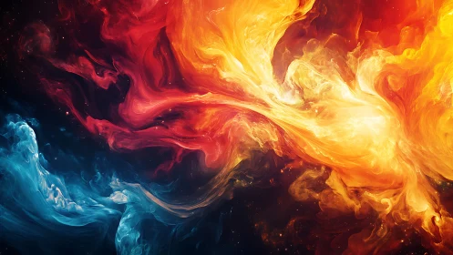 Fiery nebular currents collide with cool cyan vortices in space