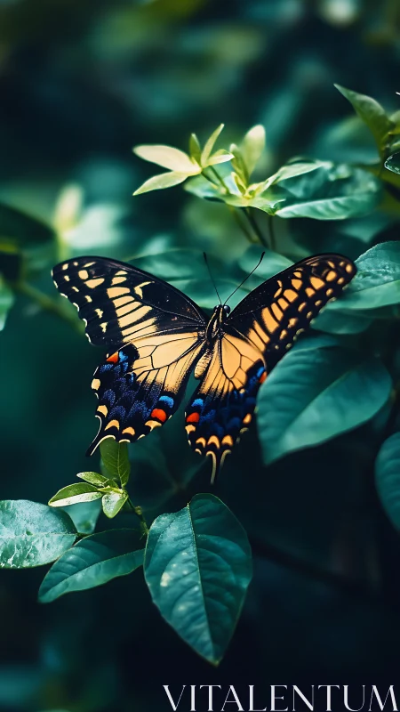 Golden butterfly resting softly among deep green leaves.