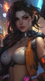 Cybernetic street operative in neon-lit urban skyline portrait.