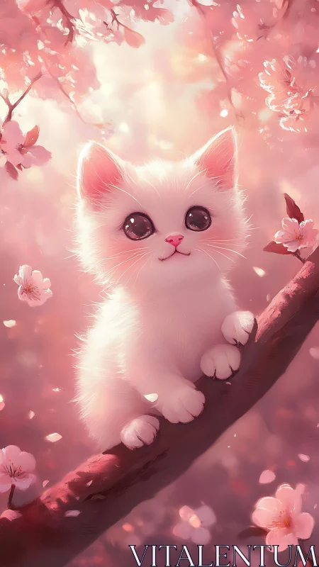 Luminescent White Feline Portrait in Soft-Focus Floral Environment. Rendering.