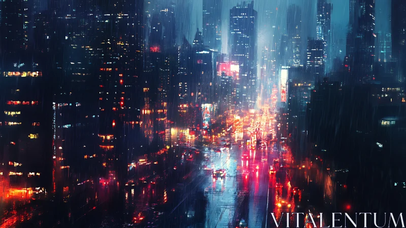 Rain-soaked city street glows with dense neon traffic lights