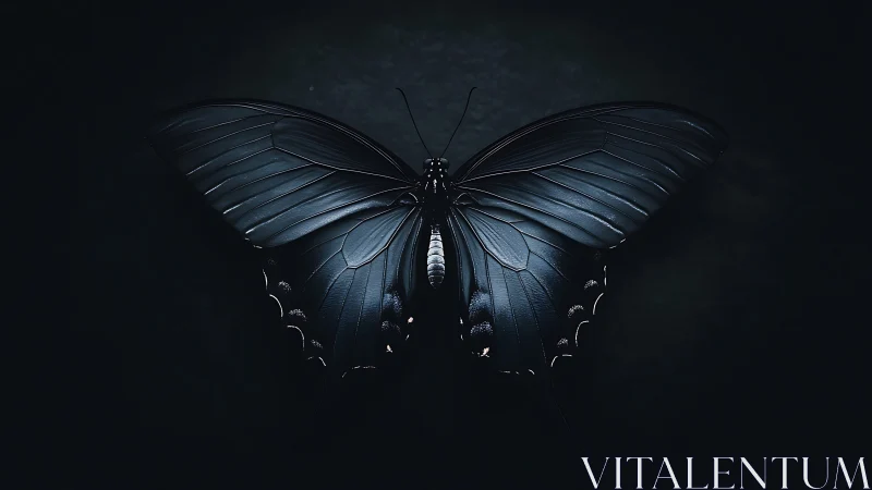Black butterfly wings spread over dark minimal backdrop.
