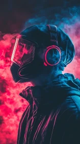 Cyberpunk figure wears visor helmet in neon smoke profile