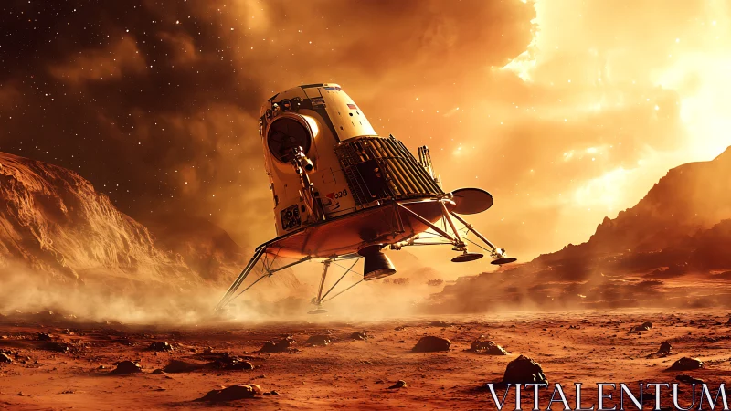 Cozy Mars lander touching down in a dreamy golden sunset.