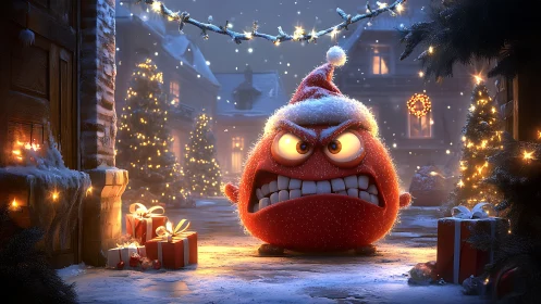 Grumpy little Christmas helper guarding snowy doorstep.