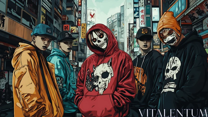 Urban streetwear collective dominates neon city corridor in stylized comic