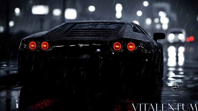 Midnight supercar glows through rain-soaked city streets