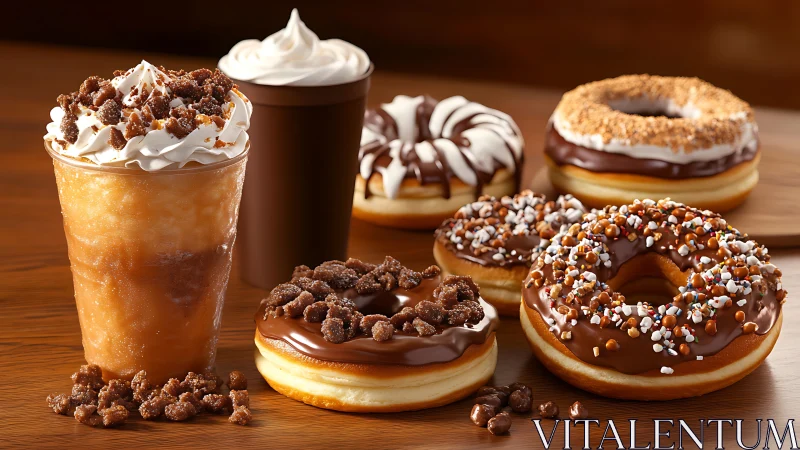 Glazed donuts and iced coffee drinks under warm directional lighting