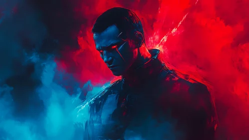 Cybernetic sentinel in bifurcated red cyan atmospheric field.