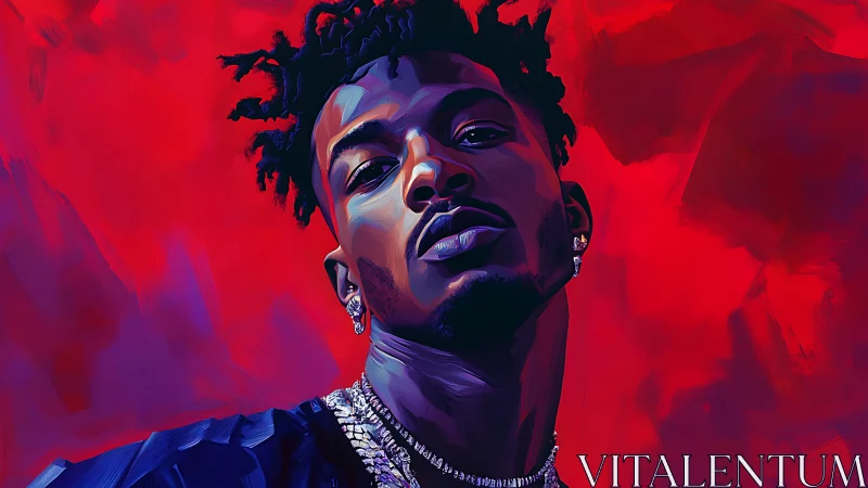 Bold digital portrait of confident man on red background.