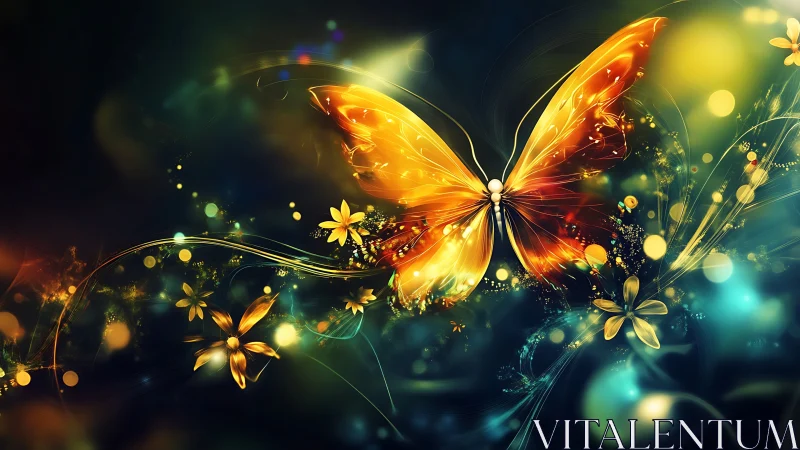 Digital illustration shows luminous butterfly over floral forms