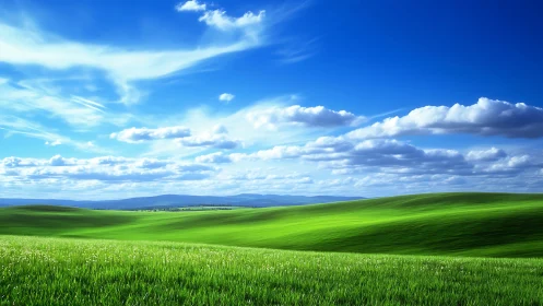 Rolling green hills stretch under bright blue sky