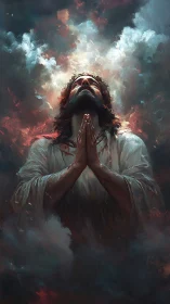 Praying robed man under dramatic glowing storm clouds.