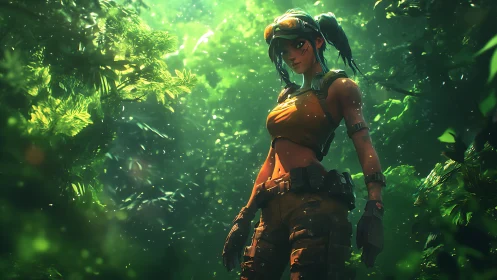 Digital painting of jungle scout heroine in dappled light composition.
