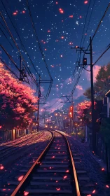 Night rail line under starry sky and cherry blossoms.
