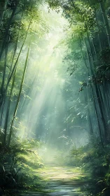 Illuminated Bamboo Forest Path with Water Stream.