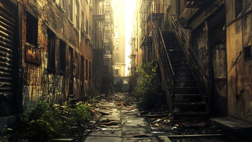 Urban alleyway with decay, litter and rusted fire escapes.