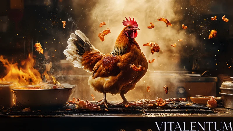Fiery Rooster in Blazing Kitchen Chaos.