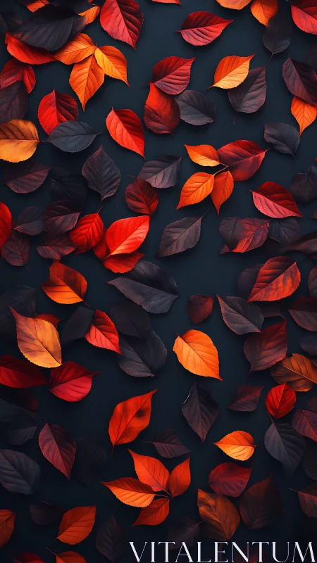 Autumn leaves lie scattered on dark background surface