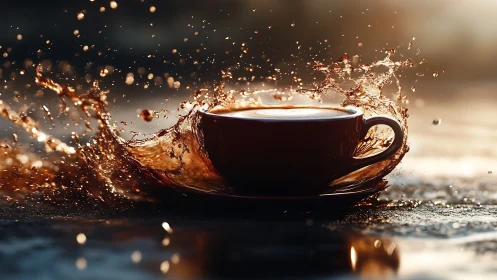 Coffee cup with dynamic splash captured in warm light.