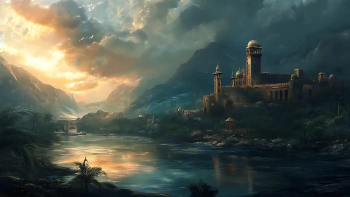 Riverside fortified palace complex under dramatic sky.